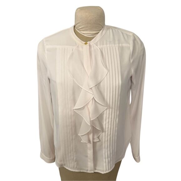 Calvin Klein Ruffle Front Pintuck Blouse Off White Sz. PM Feminine - Picture 1 of 12